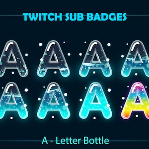 Insignias de Twitch Sub de letra A, insignias de Twitch de botella de Liquid Letter A para streamers, Discord, logotipo de nombre de letra A azul, insignias de Twitch Bit