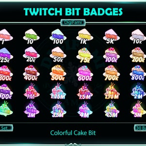 Kolorowe pyszne ciasta Twitch Bit Badges dla Streamerów, Discord, YouTube, OBS, Streamlabs