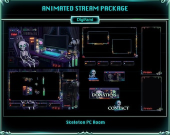Pacchetto di sovrapposizioni animate per Twitch con stanza PC a tema scheletro, spaventose sovrapposizioni animate per Twitch per gli streamer.