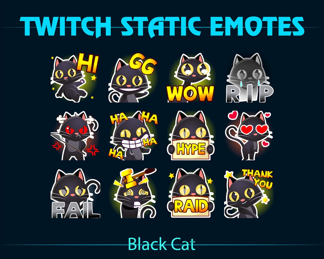 Black Cat Twitch Emotes Package, Cute Cat Static Stream Chat Emotes ...