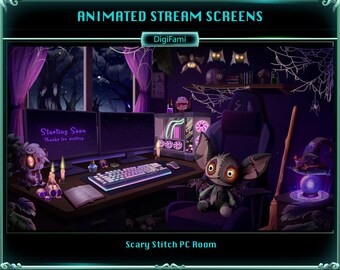 Scary Stitch PC Room Animated Stream Overlays, Halloween Spooky Stitch PC Room Animated Twitch Overlays for Streamers