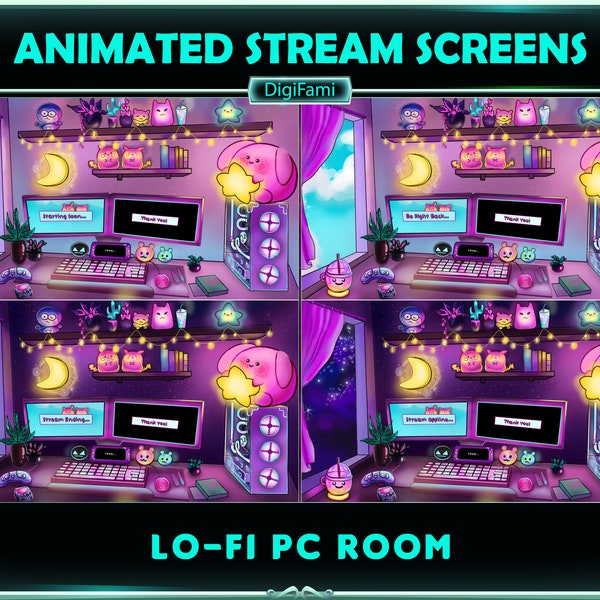 Animated Twitch Overlays Lofi Game Room, Lofi PC Set-up Room Stream Overlays for Streamers, OBS, Streamlabs