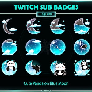 Cute Panda on Blue Liquid Moon Twitch Sub Badges, Cute Panda on Blue Moon Bottle Twitch Sub Badge for Streamers, YouTubers