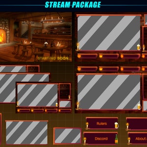Może przedstawiać: Zestaw nakładek do strumieniowania Twitch w stylu średniowiecznej tawerny. Nakładki obejmują ekran „wkrótce rozpocznie się”, okno czatu, pasek celu darowizn, panel mediów społecznościowych i panel zasad. Nakładki są zaprojektowane w ciemnobrązowej i pomarańczowej kolorystyce z fakturą drewna.