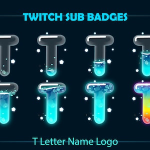 Insignias de Twitch Sub de Letter Twitch, Insignias de Twitch de Liquid Letter T Bottle para Streamers, Discord, Logotipo de nombre de letra T azul, Insignias de Twitch Bit