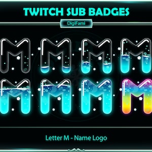 Letra M Twitch Sub Badges, Liquid Letter M Bottle Twitch Sub Badge, Letra Azul Nome Logotipo Twitch Sub Badge para Streamer, Discord, YouTube
