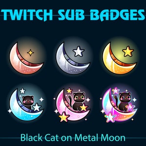 Metal Moon Black Cat Twitch Sub Badges, Black Cat on Metal Moon Twitch Sub Badge for Streamers, YouTubers, Tiktokers, OBS, Streamlabs