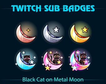 Metal Moon Black Cat Twitch Sub Badges, Black Cat on Metal Moon Twitch Sub Badge for Streamers, YouTubers, Tiktokers, OBS, Streamlabs
