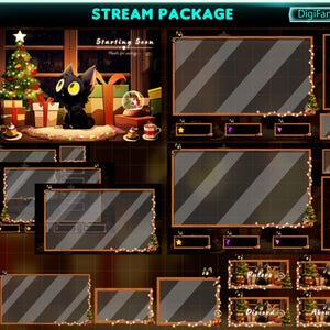 Animated Stream Package Cute Christmas Black Cat, Cute Christmas Kitty Twitch Overlay, Christmas Cat Stream Overlay for Streamer, OBS