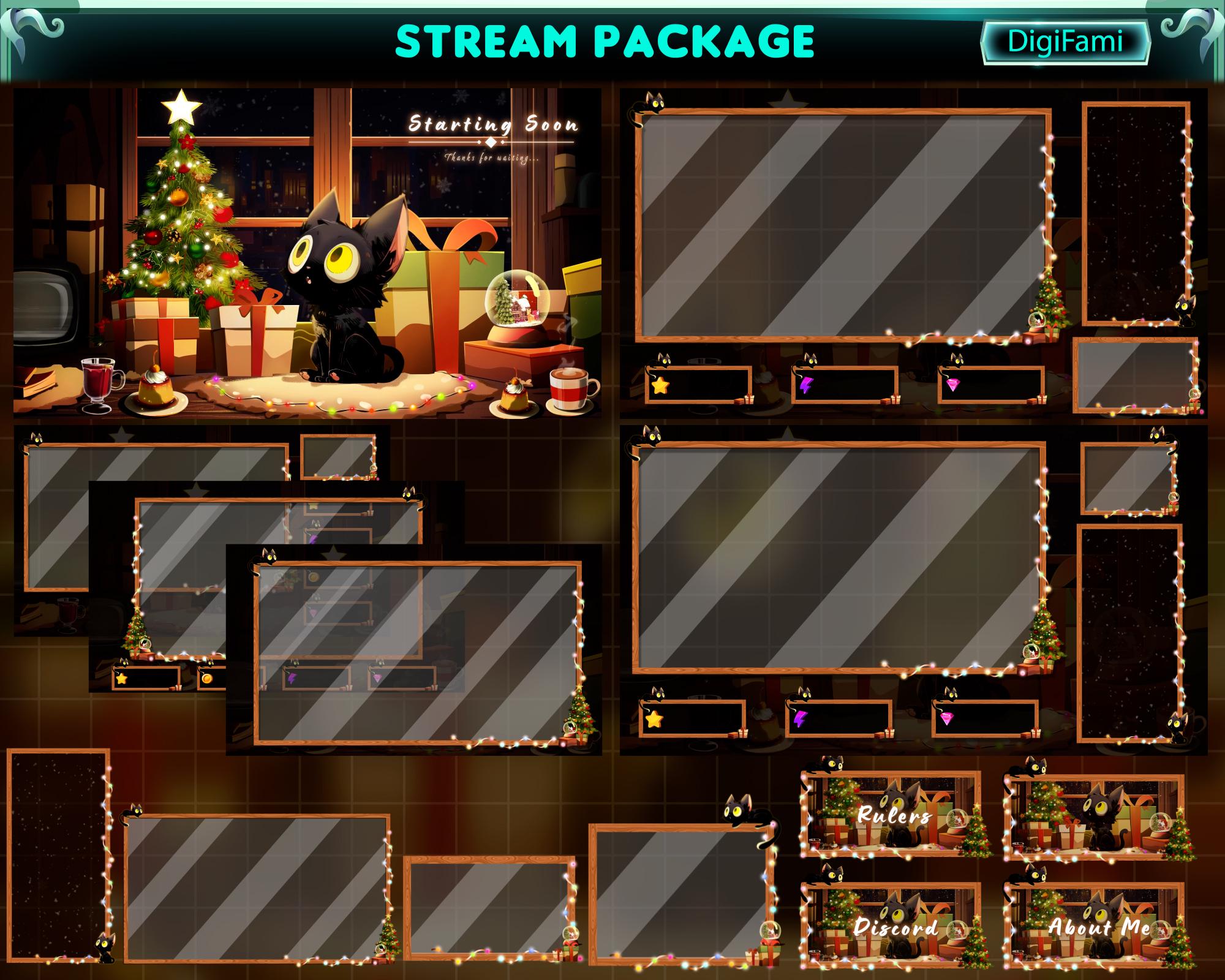 Animated Stream Package Cute Christmas Black Cat, Cute Christmas Kitty Twitch Overlay, Christmas Cat Stream Overlay for Streamer, OBS