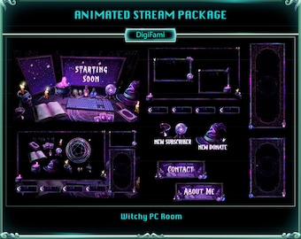 Witchy PC Desk Animated Stream Package, Halloween Witchy PC Desk Animated Twitch Overlays Package, Witchy Room Twitch Overlays for Streamers