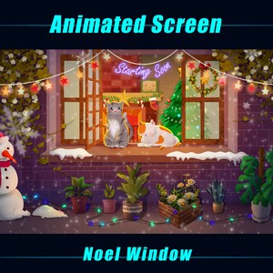 Cats by Xmas Window Animated Stream Screens, Christmas Cats under Falling Snow Animated Twitch Overlays for Streamer, OBS, Streamlabs