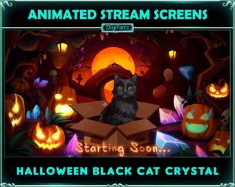 ANIMATED Twitch Stream Overlays Halloween Black Cat, Black Cat in Halloween Spooky Cave Stream Overlays, Cat Twitch Overlays for Streamer