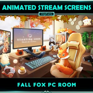 Fox in Fall PC Room Animated Twitch Screen Overlays, Fox in Autumn PC Room Stream Overlays, Fall Game Room Twitch Overlays for Streamer, OBS