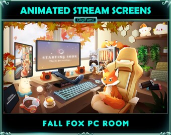 Fox in Fall PC Room Animated Twitch Screen Overlays, Fox in Autumn PC Room Stream Overlays, Fall Game Room Twitch Overlays for Streamer, OBS