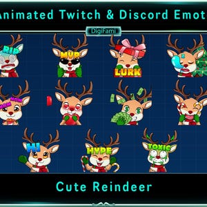 Może przedstawiać: Zestaw animowanych emotikonów Twitch i Discord z uroczymi reniferami. Każdy renifer ma brązowe rogi, czerwony szalik i unikalny dodatek lub dymek tekstowy, jak prezent, pieniądze lub słowo "TOXIC". Tło jest ciemnoniebieskie.