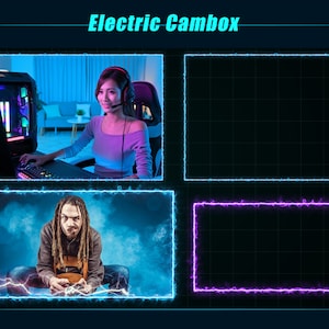 Op de afbeelding: Een digitale illustratie van een persoon die een videogame speelt. De persoon zit op een stoel met een blauwe en witte achtergrond. De afbeelding is omlijst met een blauwe en paarse elektrische rand.