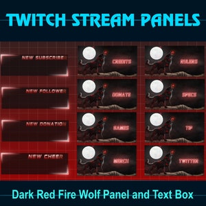Könnte beinhalten: Digitalgrafik mit Twitch-Stream-Panels in einem dunkelroten und schwarzen Thema. Die Panels enthalten Textfelder für neue Abonnenten, Follower und Spenden sowie Panels mit einem Wolf, der den Mond anheult. Der Text "TWITCH STREAM PANELS" befindet sich oben.