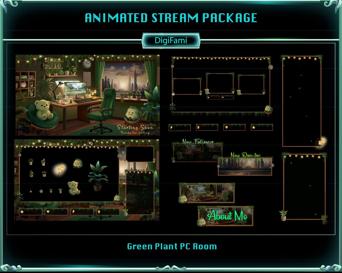 ANIMATED Stream Overlay Package Green Plant PC Room, Green Plant PC ...