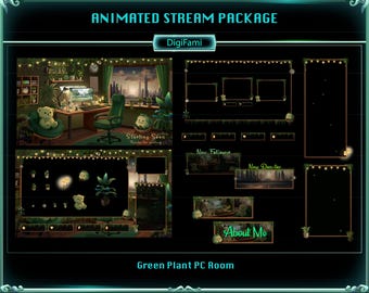 ANIMATED Stream Overlay Package Green Plant PC Room, Green Plant PC Room Twitch Overlay Package, Green Plant Game Stream Room for Streamers