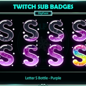 Insignias secundarias de Twitch de letra púrpura S, insignias secundarias de Twitch de botella de letra S púrpura, logotipo de nombre de letra S, insignia de subbit de botella S para streamers