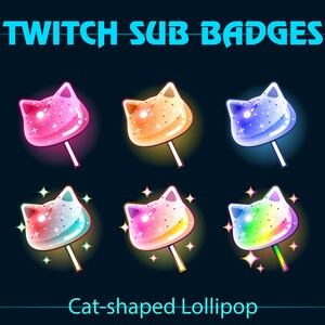 May include: Six colorful cat-shaped lollipops with glitter and stars. The lollipops are pink, orange, blue, teal, purple, and green. The lollipops are arranged in two rows of three. The text "TWITCH SUB BADGES" is at the top of the image. The text "Cat-shaped Lollipop" is at the bottom of the image.