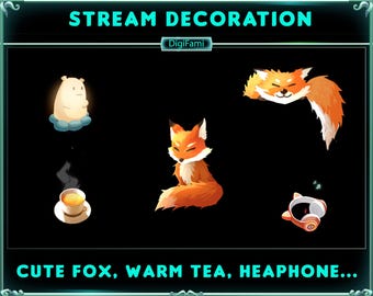 May include: A digital illustration of a cute fox, a cup of warm tea, a headphone, and a white fluffy creature with a cloud underneath. The text "STREAM DECORATION" is at the top of the image and the text "DigiFami" is in a small box below it. The text "CUTE FOX, WARM TEA, HEADPHONE..." is at the bottom of the image.