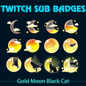 Gold Liquid Moon Black Cat Twitch Sub Badges, Yellow Moon Bottle Black Cat Twitch Sub Badge for Streamers, YouTubers, Tiktokers, OBS