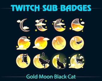 Badges secondaires Twitch or liquide lune chat noir, badge secondaire Twitch chat noir bouteille lune jaune pour streamers, YouTubers, Tiktokers, OBS