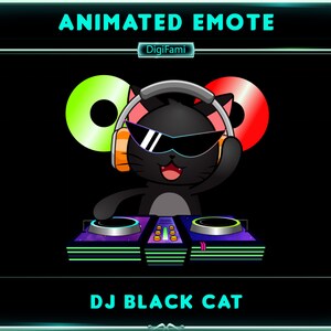 May include: Animated DJ emote featuring a black cat wearing sunglasses and headphones, holding a mixer with green and purple lights. The text "DJ BLACK CAT" is below the image. The text "DigiFami" is in a small box above the cat.