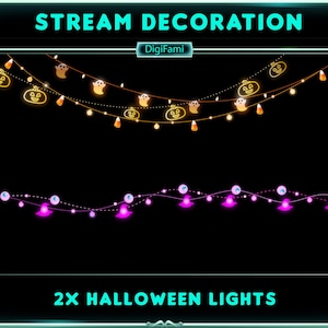 Puede incluir: Dos juegos de luces de Halloween, uno con calabazas y fantasmas naranjas y amarillos, y el otro con ojos morados y blancos. El texto "STREAM DECORATION" y "DigiFami" están en la parte superior de la imagen. El texto "2X HALLOWEEN LIGHTS" está en la parte inferior de la imagen.