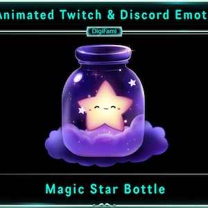 May include: Animated Twitch & Discord Emote featuring a purple jar with a smiling star inside, resting on a cloud. The jar is filled with stars. The text "Magic Star Bottle" is at the bottom.