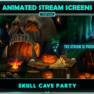 Horror Party at Skull Cave Animated Stream Scenes, Halloween Night in Spooky Forest Animated Twitch Overlays for Streamers, OBS, Streamlabs