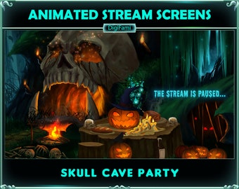Horrorfeest in Skull Cave geanimeerde streamscènes, Halloween-nacht in Spooky Forest geanimeerde Twitch-overlays voor streamers, OBS, Streamlabs