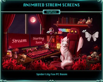 ANIMATED Stream Overlays Spider Lily Fox PC Room, Spider Lily Fox Twitch Overlays, Lycoris Game Stream Room Screen Overlays for Streamers