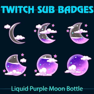 Purple Liquid Moon Twitch Sub Bit Badges / Moon Bottle Twitch Sub Badge / Kawaii Sub Badges for Streamers, YouTubers, Tiktokers, OBS