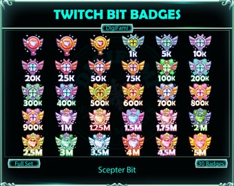 May include: A collection of 30 Twitch Bit Badges, featuring a scepter design with wings and heart-shaped gems. Badges range from 1K to 5M, in various colors including pink, blue, green, and gold. The text "TWITCH BIT BADGES" is at the top.