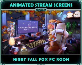 Night Fox in Fall PC Room Animated Twitch Screen Overlays, Fox in Autumn PC Room Stream Overlays, Fall Game Room Twitch Overlay for Streamer
