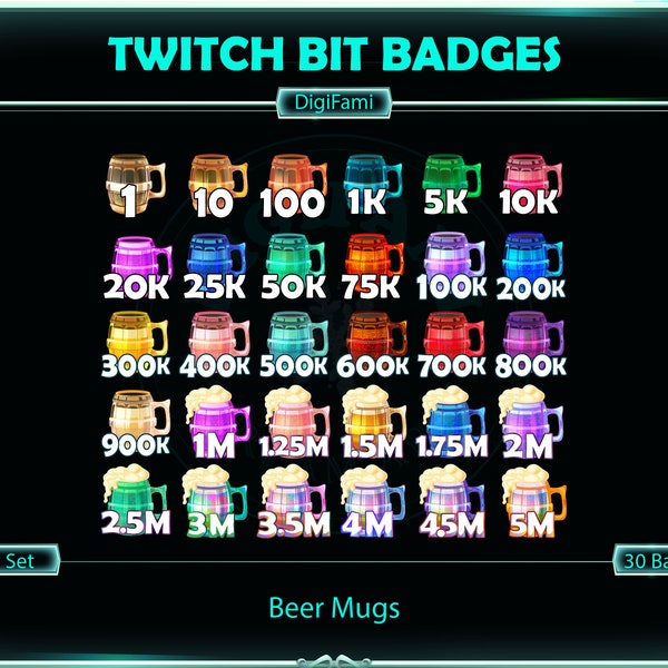 Beer Mugs Twitch Bit Badges for Streamers, Discord, YouTubers on Twitch, YouTube or other applicable platforms