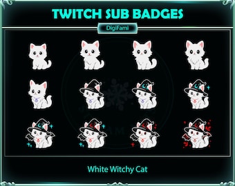 White Witchy Cat Twitch Sub Badges, White Witchy Cat Twitch Sub Bit Badges, Kawaii Sub Bit Badge for Streamers, YouTuber, Discord