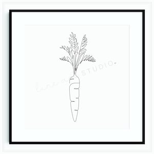 Op de afbeelding: Een zwart-witte lijntekening van een wortel met groene bladeren. De tekening is op een witte achtergrond en heeft de tekst "line art studio" in de linkerbenedenhoek.