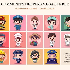 Puede incluir: Un conjunto gráfico digital titulado COMMUNITY HELPERS MEGA BUNDLE que presenta 14 personajes de dibujos animados que representan diversas ocupaciones para niños, incluyendo un bombero, policía, médico, enfermera y maestro.