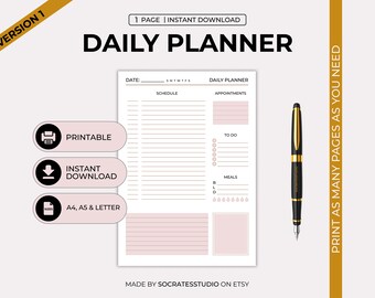 May include: A printable daily planner with a pink and white color scheme. The planner includes sections for schedule, appointments, to do list, and meals. The text "PRINT AS MANY PAGES AS YOU NEED" is on the right side of the image.