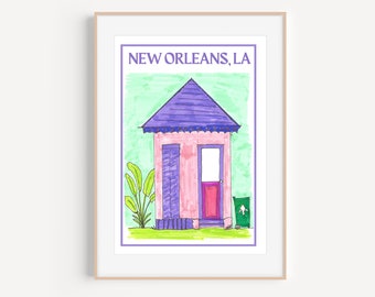 May include: A hand-drawn illustration of a pink house with a purple roof and shutters. The house has a red door and a green trash can in front of it. The illustration is set against a green background and the text "NEW ORLEANS, LA" is at the top of the image.