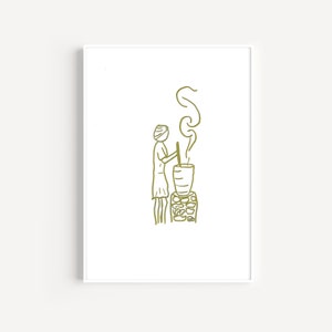 May include: A line drawing of a person stirring a pot over a fire. The person is wearing a headscarf and is holding a wooden spoon. The pot is on a brick stove and there is smoke coming from the pot.