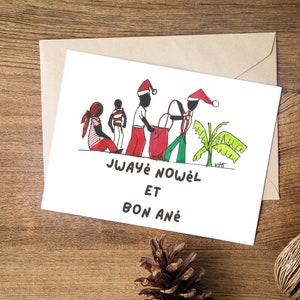 Cartão de Natal com arte desenhada à mão para impressão em crioulo haitiano do Haiti, Jwayé Nowel et Bon Ané