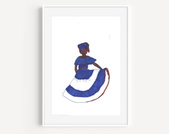Afro Caribbean Girl Art Print, Hand Drawn Illustration (Digital Download)