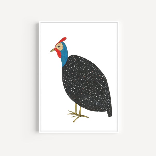 Printable Haitian Fowl Art Print,  Caribbean Wall Art for Instant Download, Black blue and red spotted Guinea Hen