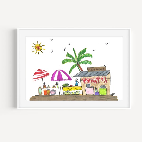 Tropical Outdoor Farmers Market Art, Coastal Fruit Stand Art, Colorful Boho Crustacean and Caribbean Food Art Print for Instant Download
