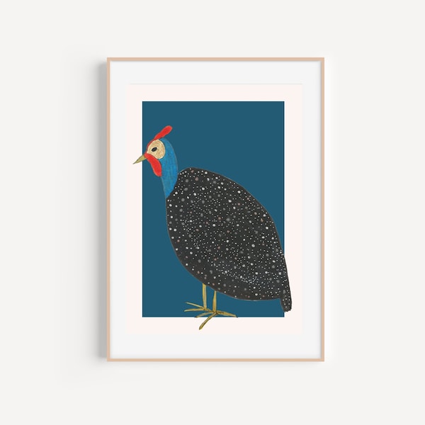 Printable Haitian Guinea Fowl Print,  Caribbean Wall Art for Instant Download, Black blue and red spotted Guinea Hen